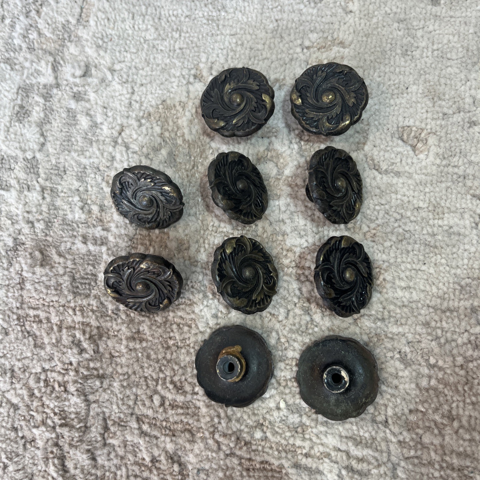 Vintage Ornate Brass Drawer, Knobs , 1 1/4” diameter Hardware Set of 10