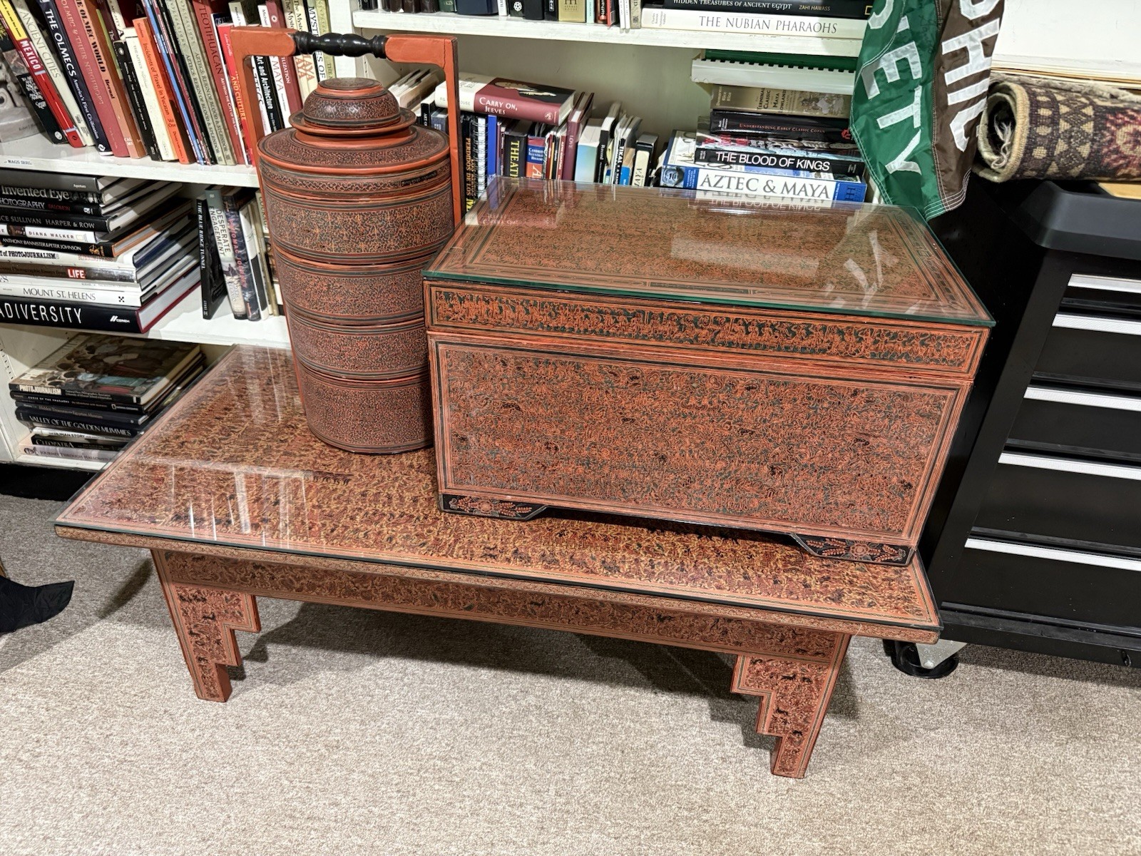 Variety of Antique Burmese lacquerware betel nut boxes, Coffee Table, & more