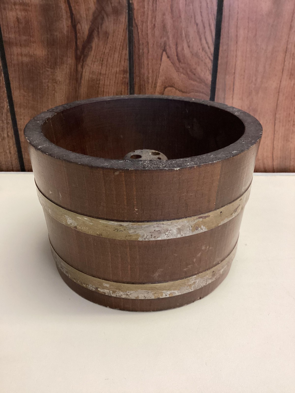 Vintage Kentucky Wooden Flower Pot Planter Barrel Rustic Metal Band 1928 USA