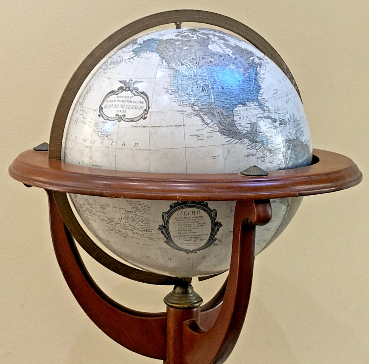 Vtg Replogle Platinum Classic Floor Globe 12” Wood Pedestal Stand Bombay Co 1993