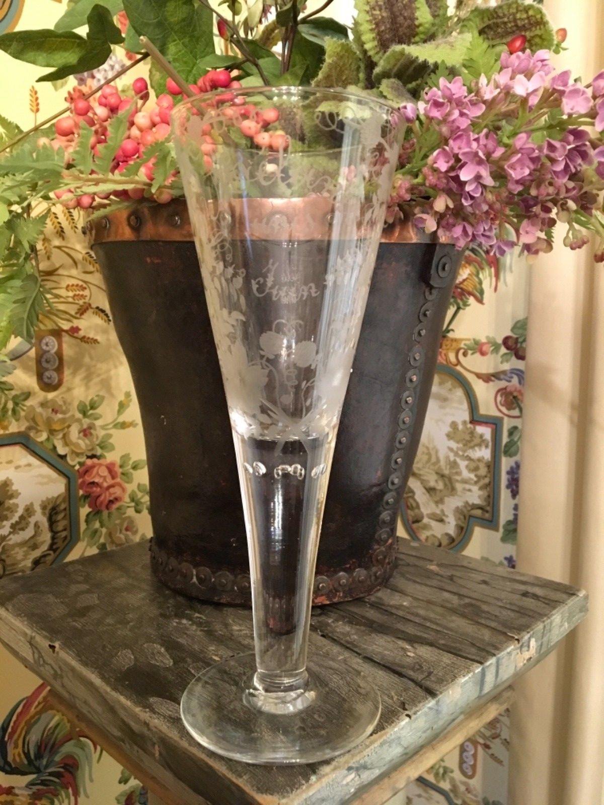 French Glass Goblet Vase Wine Champagne Wedding Dated 1880 Etched Floral