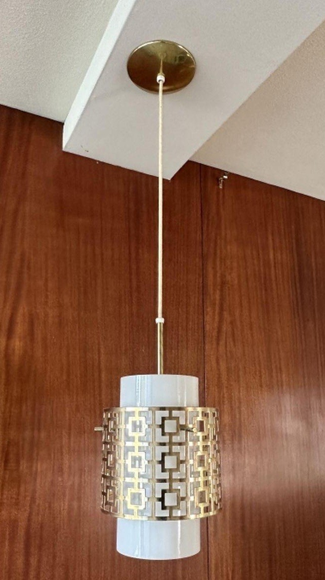Lightolier Midcentury Brass Grid Glass Cylinder Pendant Lamps – Qty 2