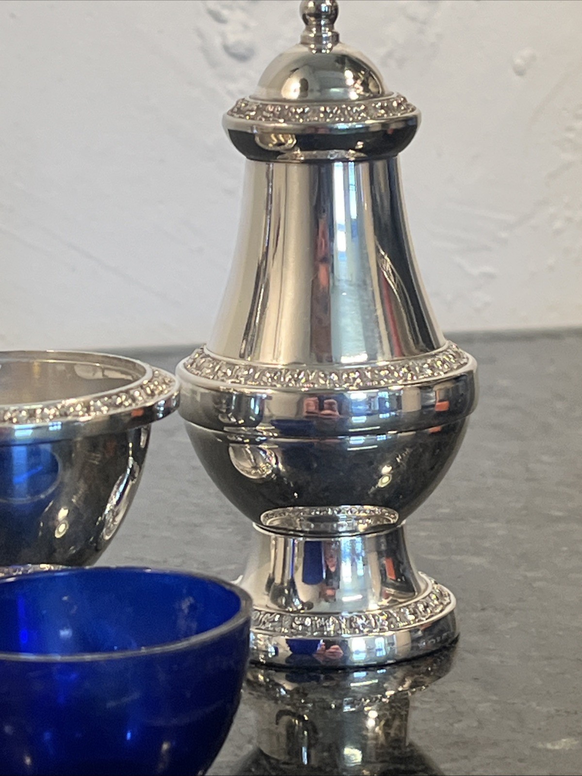 Ianthe Silver Plated Condiment Set Salt Pepper Mustard Pot England
