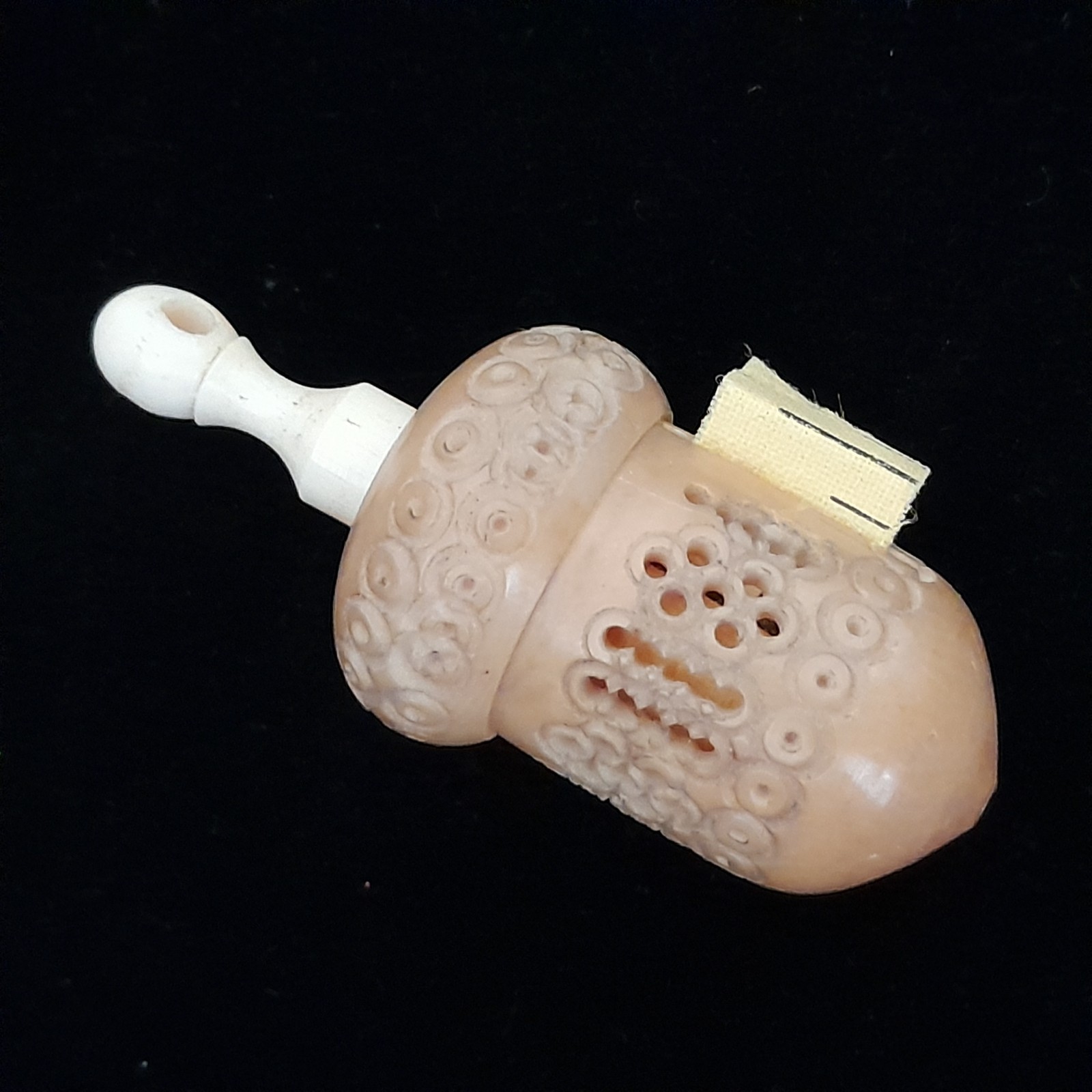Antique Pierced Carved Tagua Nut Vegetable Ivory Wind Up Tape Measure Sewing