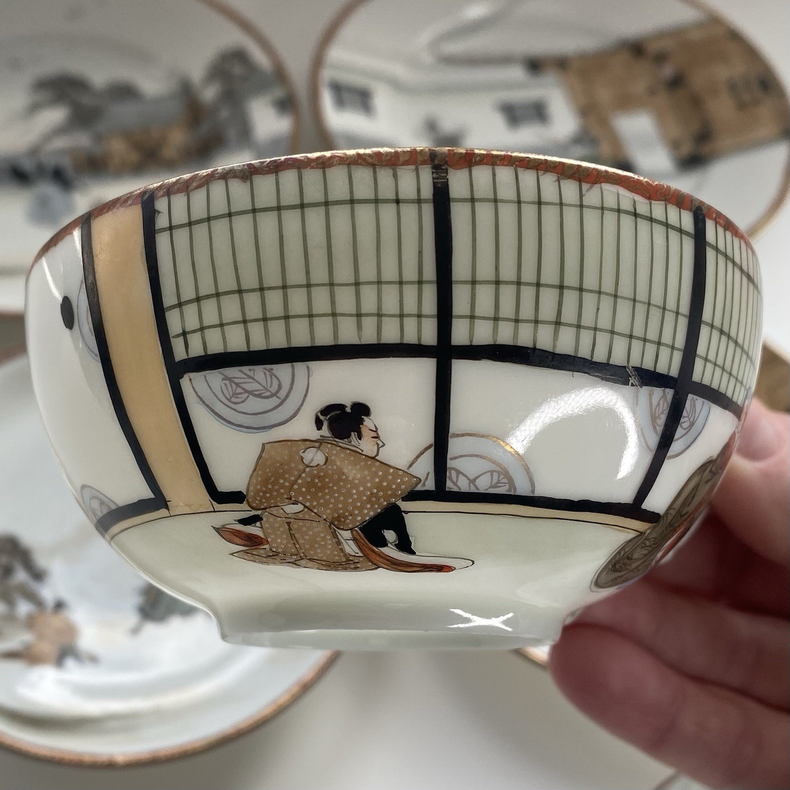 Yokohama ware 2x Cup,saucer & Side Plate Bone china, Chushingura Or 47 Ronin Set