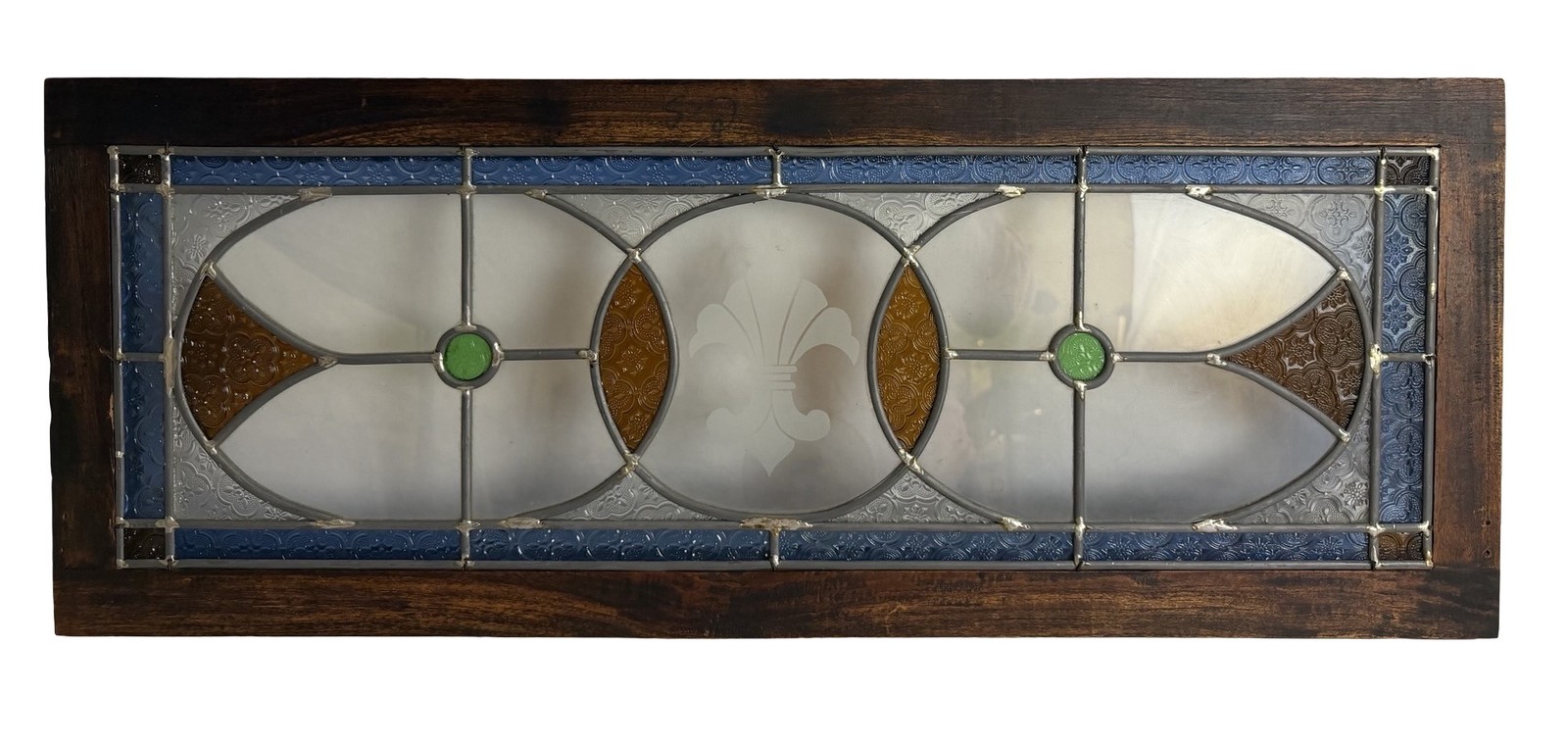 AG1082 Antique c1910 Craftsman Embossed Stained Glass Fleur de Lis Panel MINT