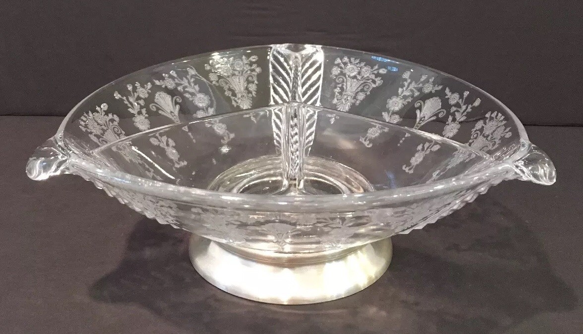 Vintage Duncan Miller Glass Feather #711 Dish With Solid Sterling Silver Base