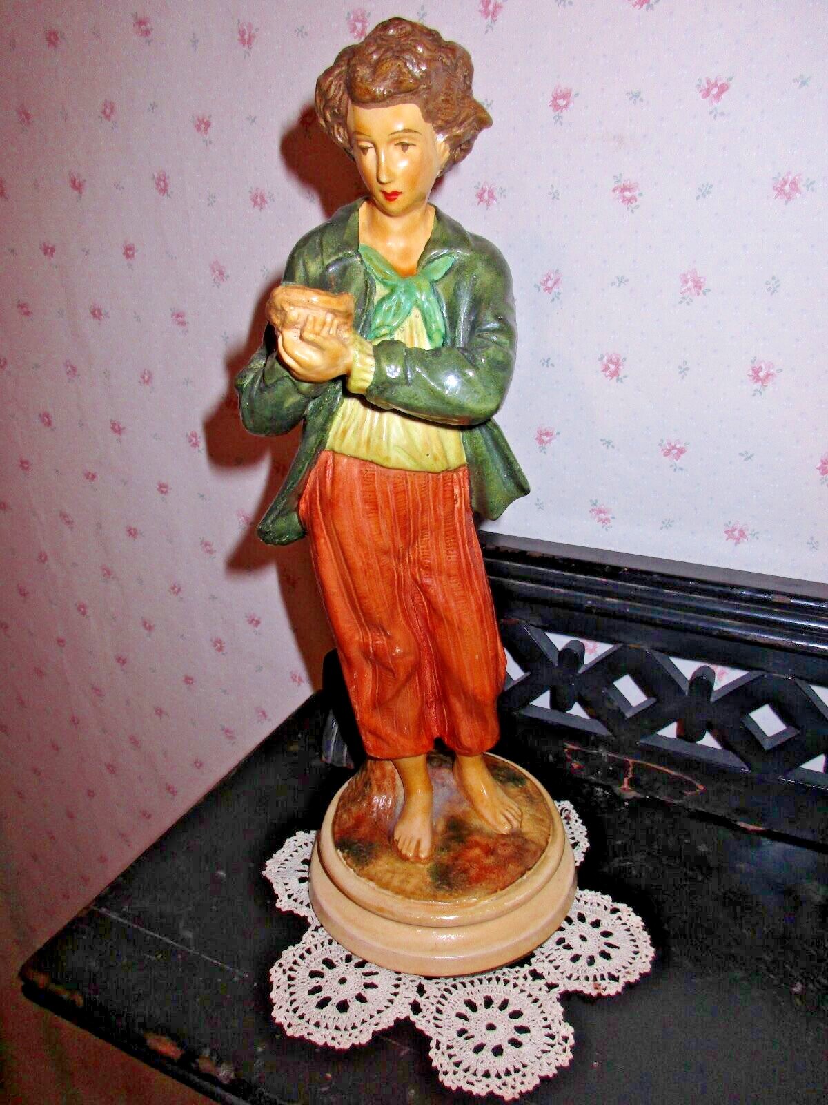 PAIR Hand Painted Borhgese Chalk Ware Figures Boy gives Nest to Girl 10″ tall