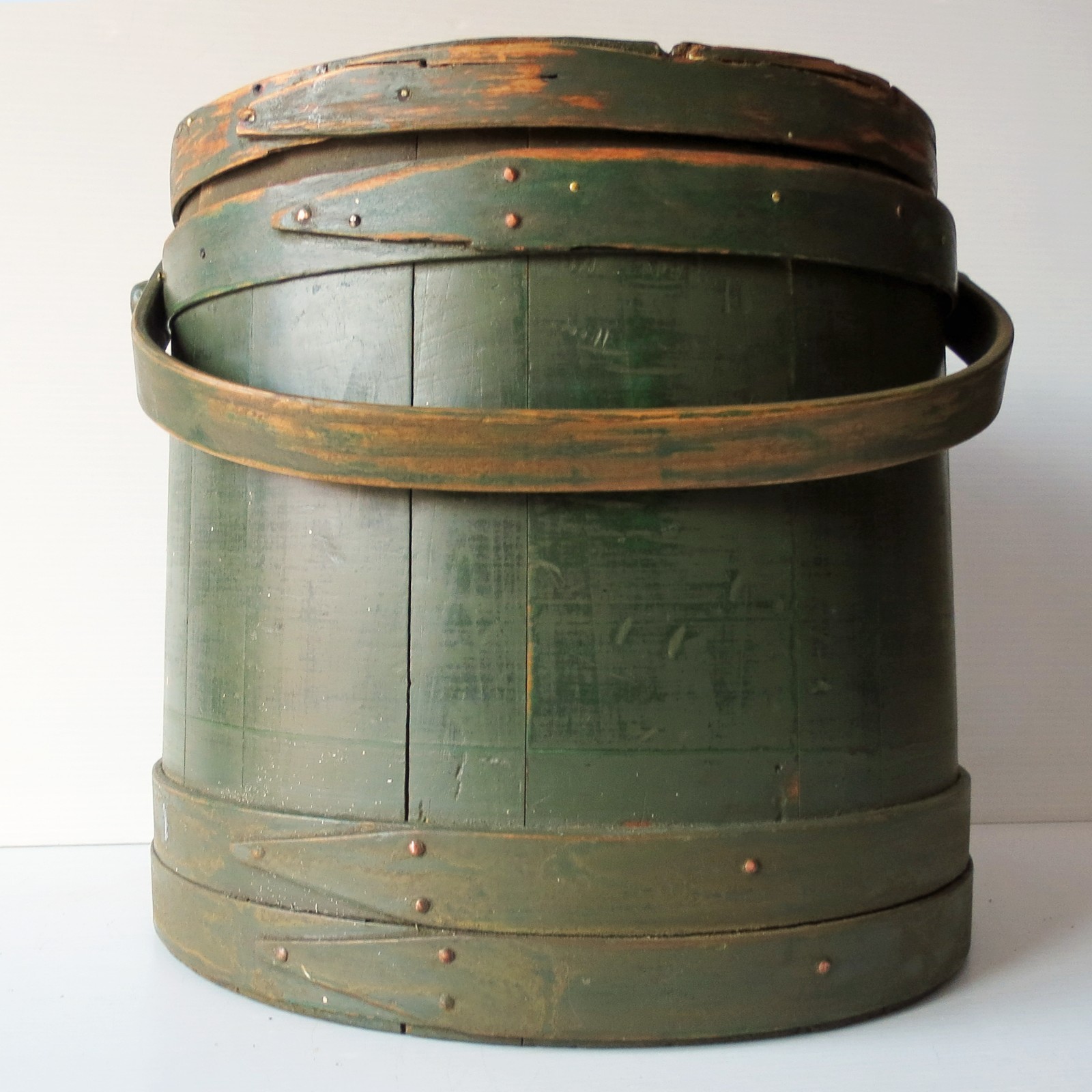 Antique Wood Firkin with Cover & Wood Handle in Green Paint 12″