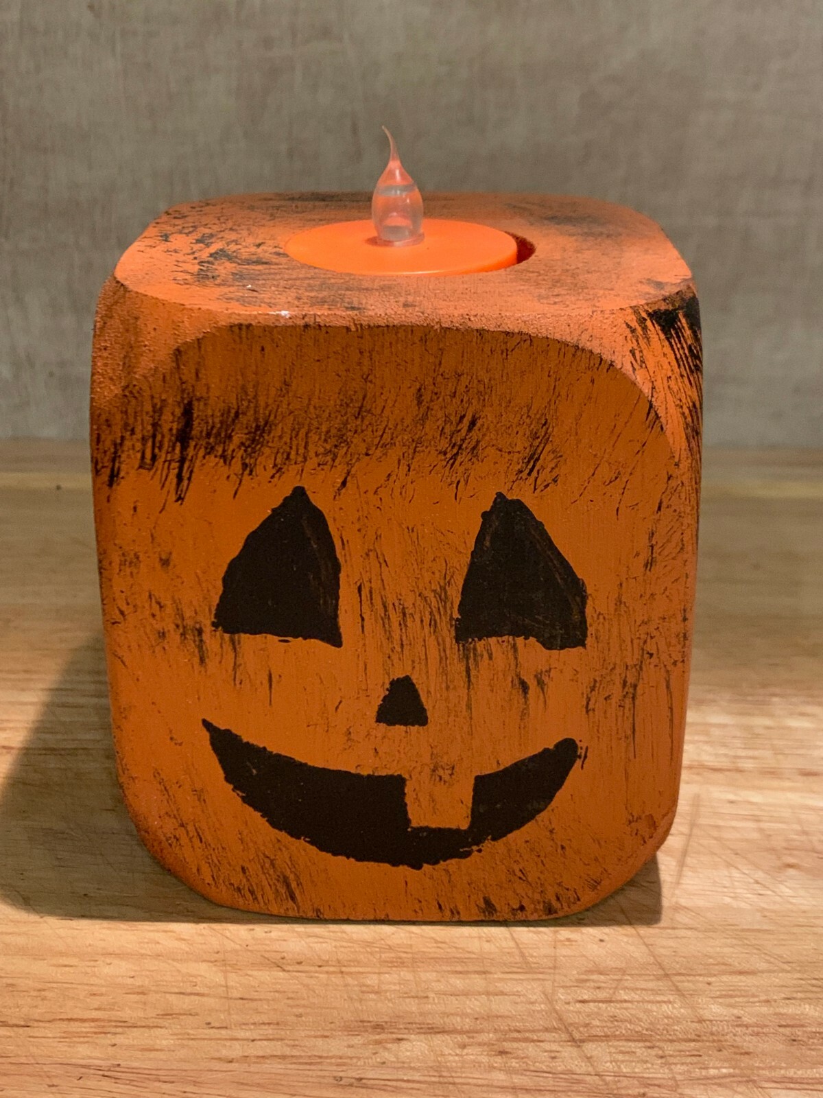 Handmade Primitive Wood Block Fall Jack-O-Lantern Tea Light Holder Decor 