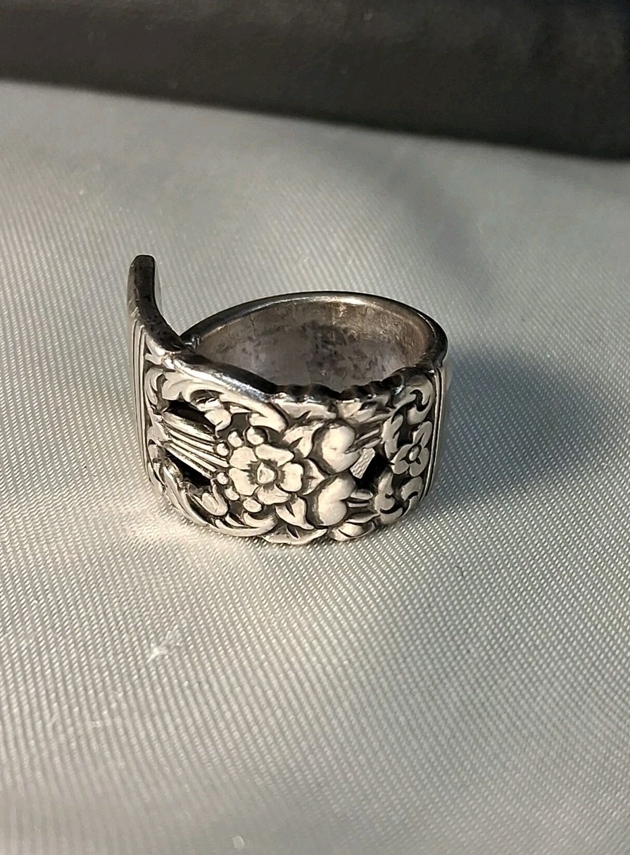 Vintage 925 Sterling Silver Flatware Floral Spoon Ring Size5 With Initial “A”