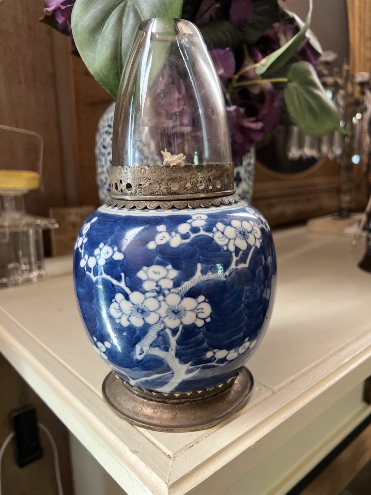 Antique Chinese Blue and White Cherry Blossom Opium Lamp Brass Near Mint
