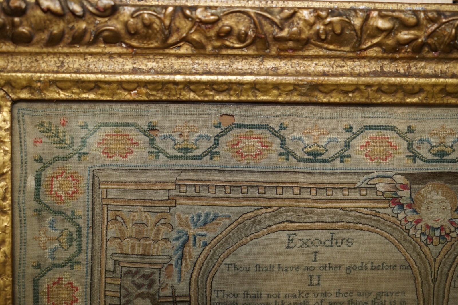IMPORTANT ANTIQUE 10 COMMANDMENTS GEORGE I 1727 NEEDLEWORK SAMPLER MARY FARRAN