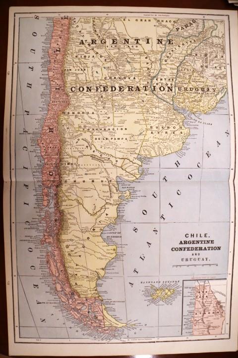 1893 ANTIQUE CRAM’S UNRIVALED ATLAS MAP OF CHILE, ARGENTINA, URUGUAY