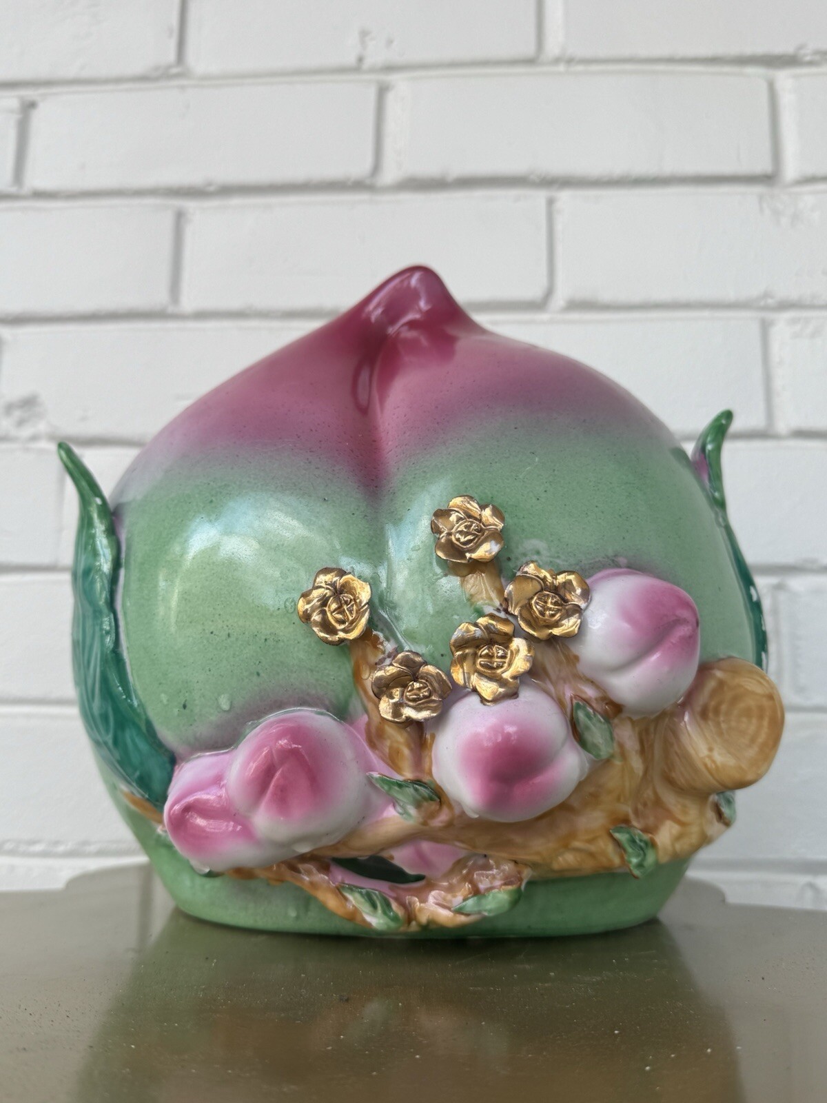 Antique Chinese Longevity Peach Families With Pink Green Gold Collectible China