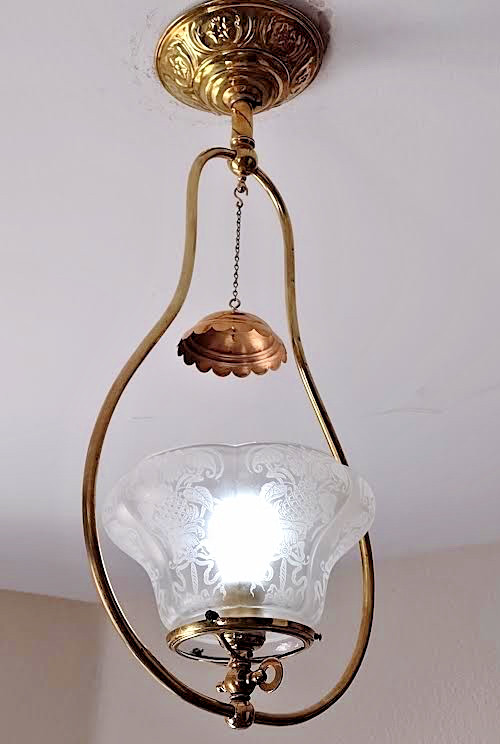 Chandelier Antique 1870 – 1900s , Gas to Elec. Acid etched Frosted Shade.
