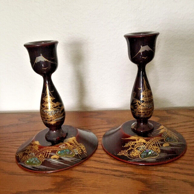 Antiques, Candle Sticks, Ox Blood Lacquer, Mother of Pearl, 1900-1940, Japan