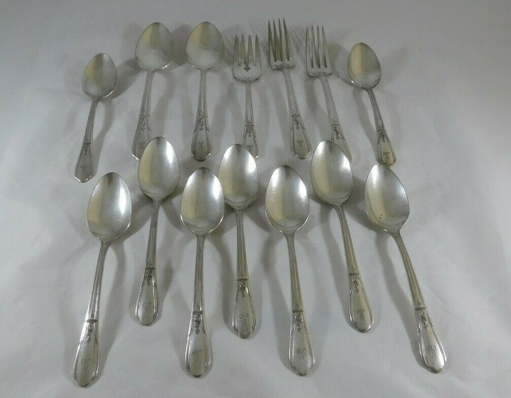 SIMEON L & GEORGE H ROGERS COUNTESS Forks Spoons Salad Forks Monogram “M” 14pc