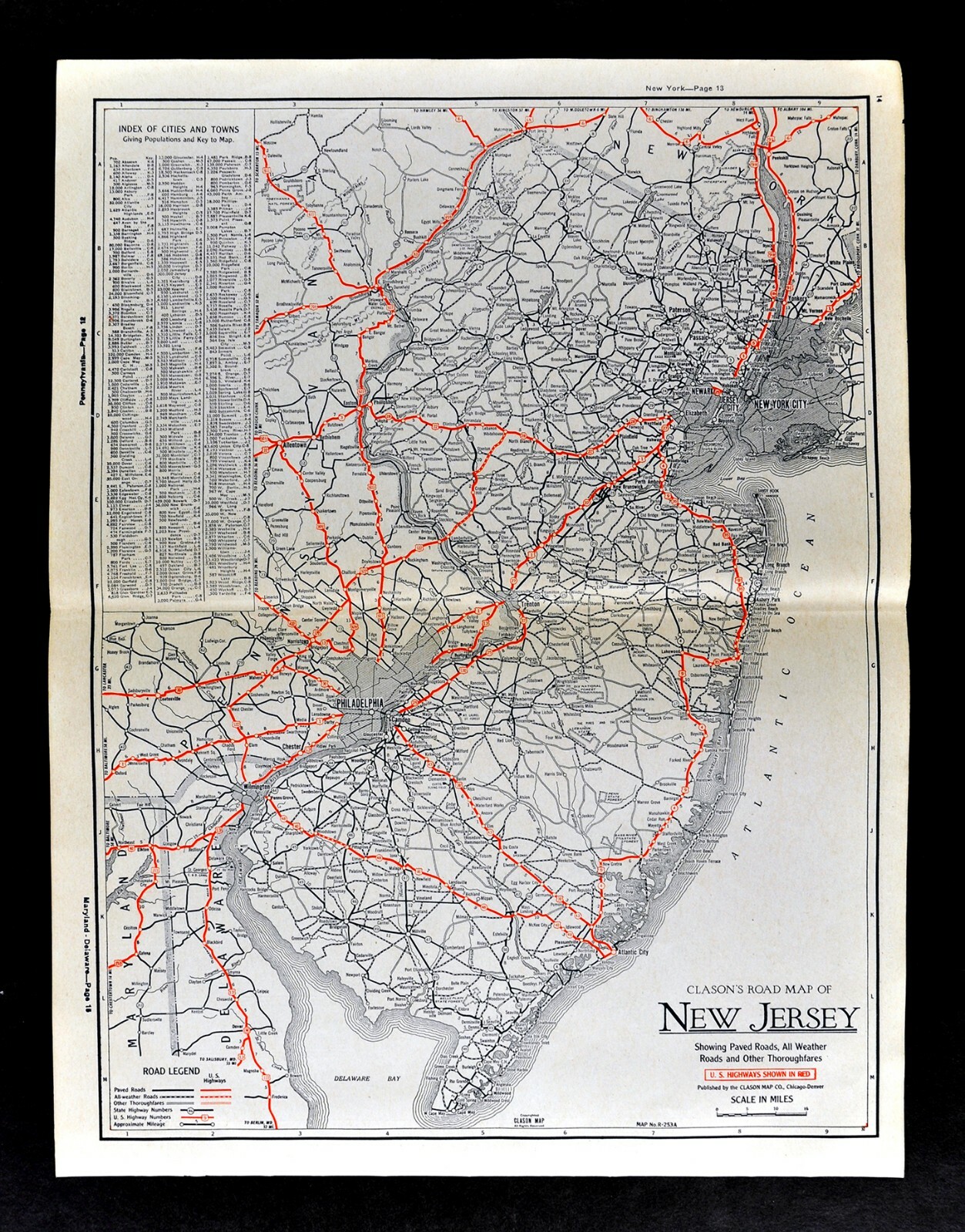1930 Clason Auto Road Map New Jersey Pennsylvania Philadelphia New York City