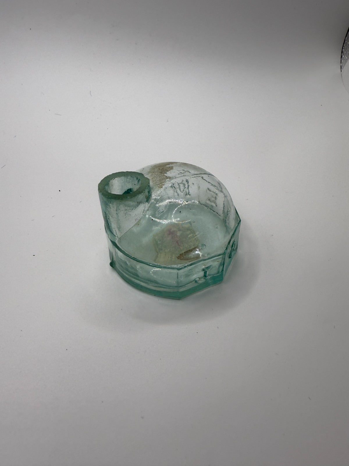 Antique Aqua Glass Inkwell Base – Octagonal “CLEM” Embossed