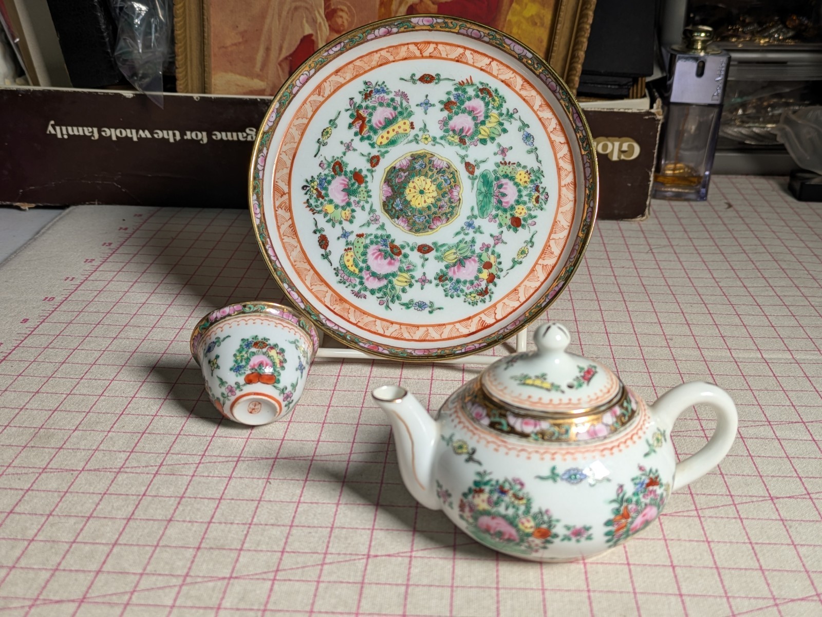 Antique 1910s (3) China Famille Rose Sake Tea Pot Cup Miniature Plate Porcelain