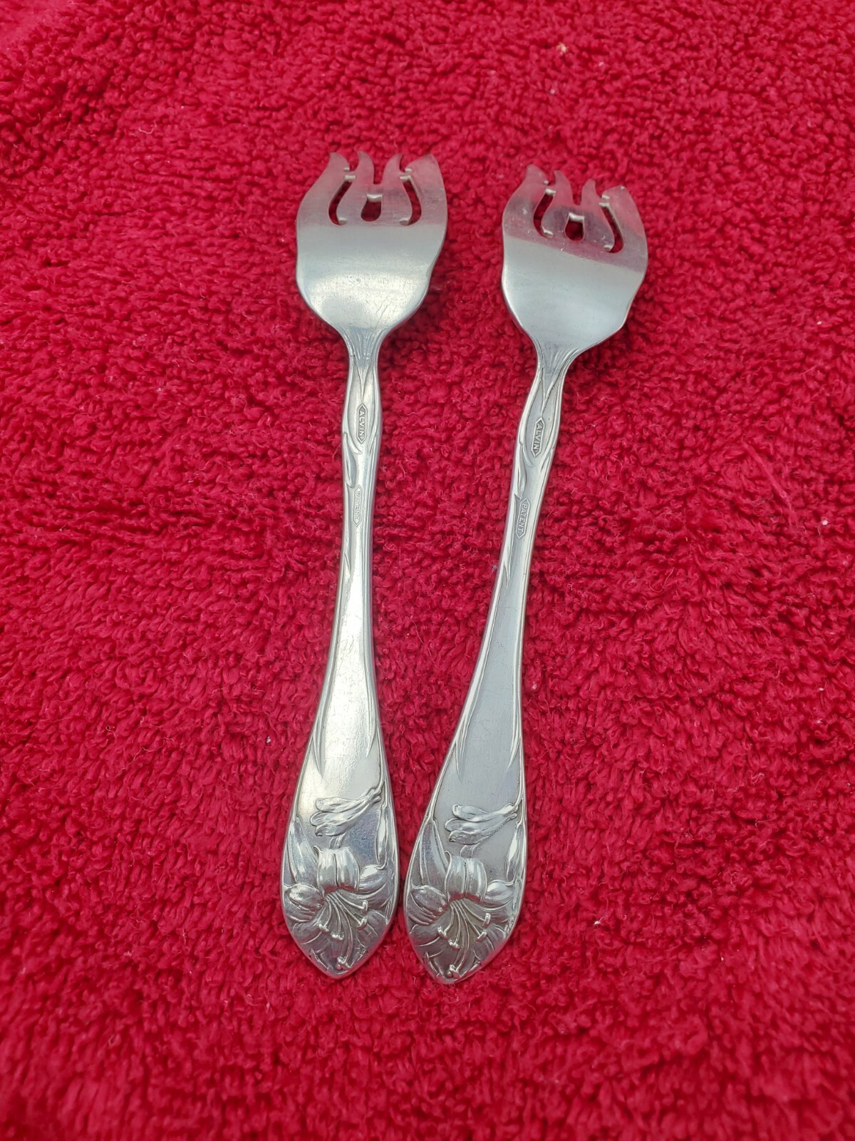2 Lily aka Easter Lily Alvin Silverplate Fish Forks with Bar and Piercing