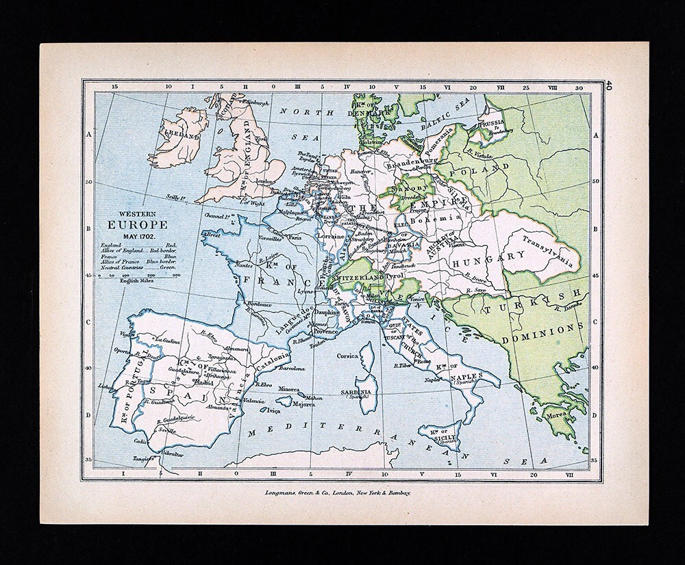 1905 Antique Map – Europe in 1702 England France & Allies Germany Italy Spain