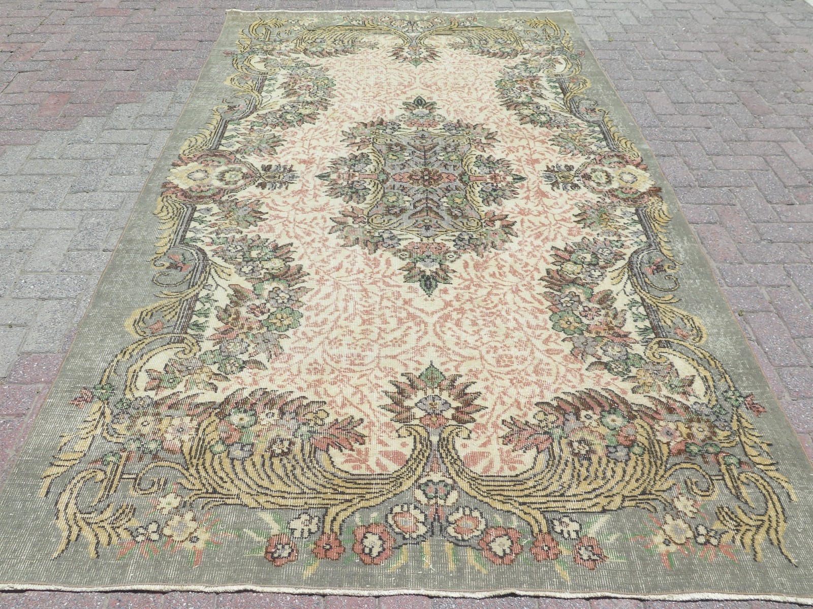 Sage Green Vintage Distressed Turkish Large Carpet, Handmade Wool Rug 70″x114″