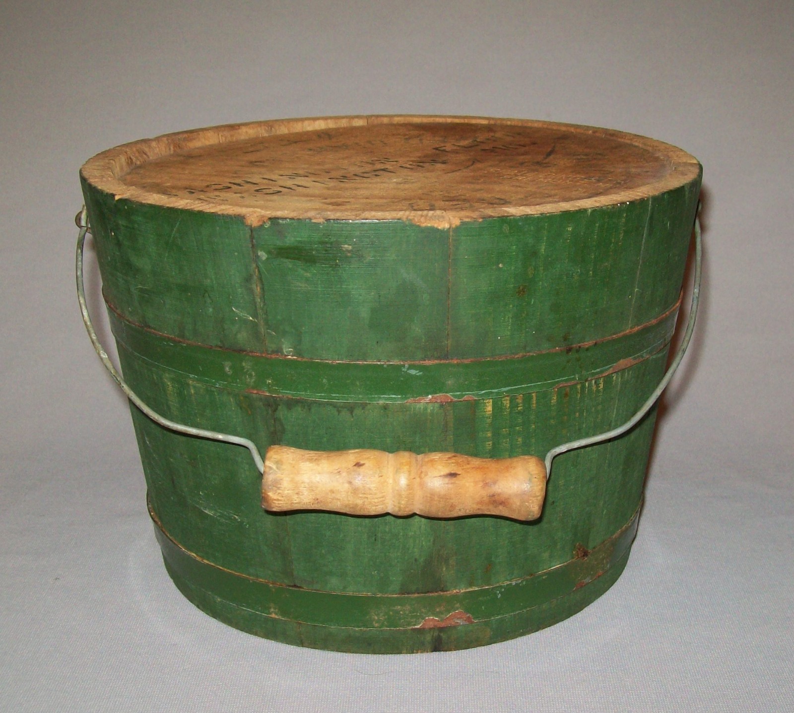Antique Vtg 19th C 1890s Wooden Staved Bucket Green Paint W/ Lid Maker Marked