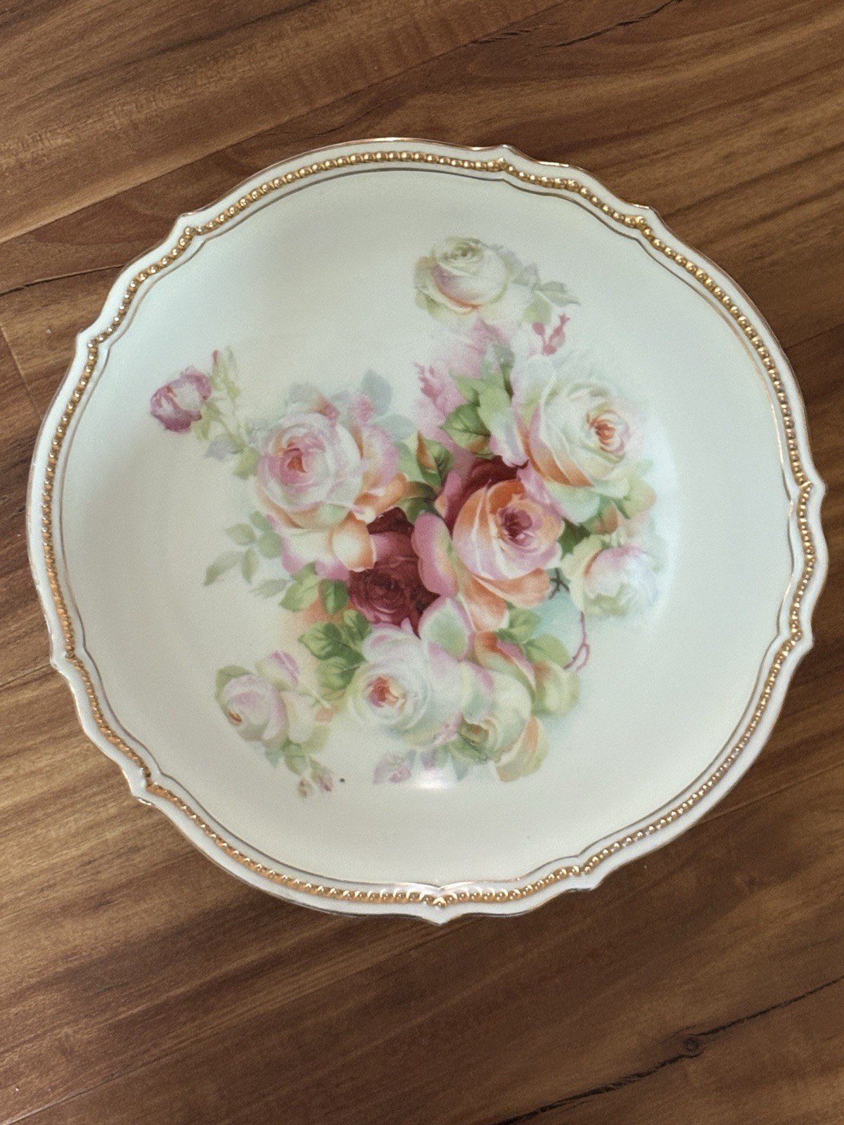 P K SILESIA ANTIQUE VINTAGE ROSES BEAUTIFUL PORCELAIN FLORAL BOWL GOLD TRIM