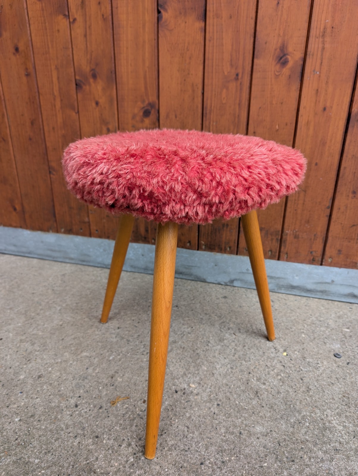 50s Vintage Wooden Rockabilly Pouf Stool, Danish Mid Century Pink
