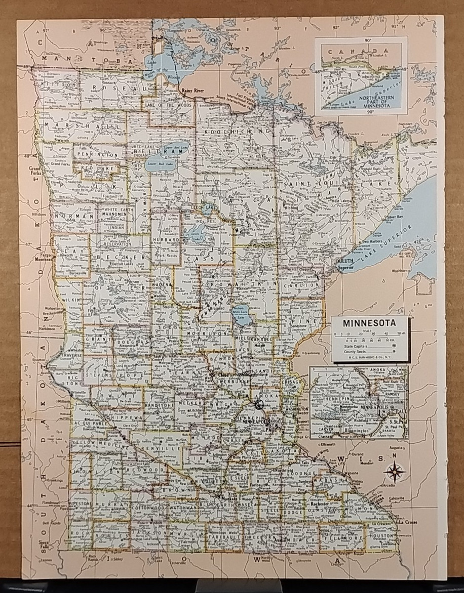 1973 Vintage MINNESOTA Atlas Map MidCentury Modern Hammond Medallion World Atlas