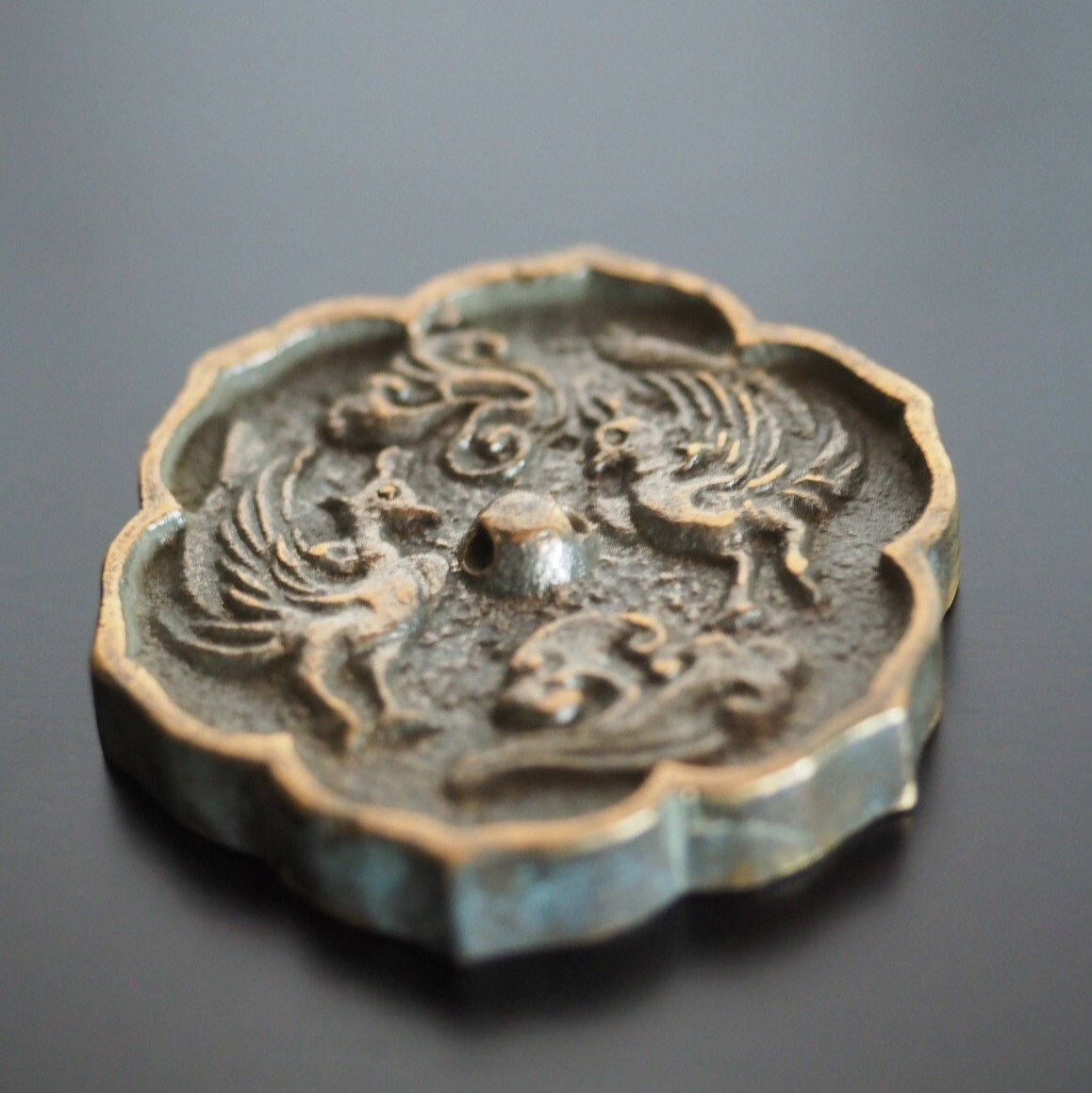 Antique Style Japanese Mirror Phoenix & Cloud Motif Lotus Edge Bronze Decor