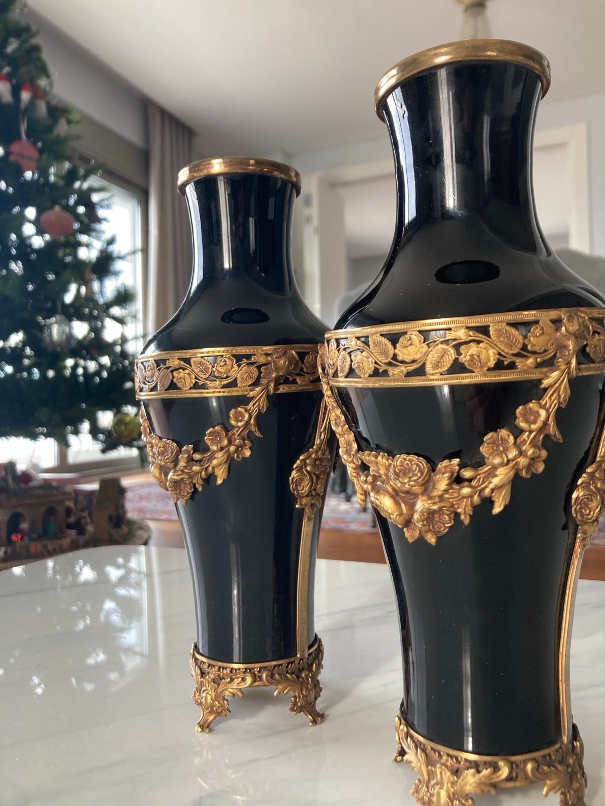 Pair Antique Ormolu & Black Opaline Glass Vases – French Belle Époque c.1890