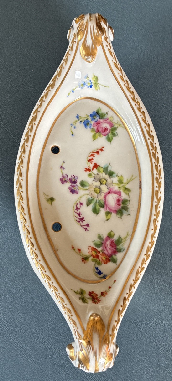 Antique France Porcelain Floral Bathroom Tub Soap fixture w/Holes Limoges Mark ?