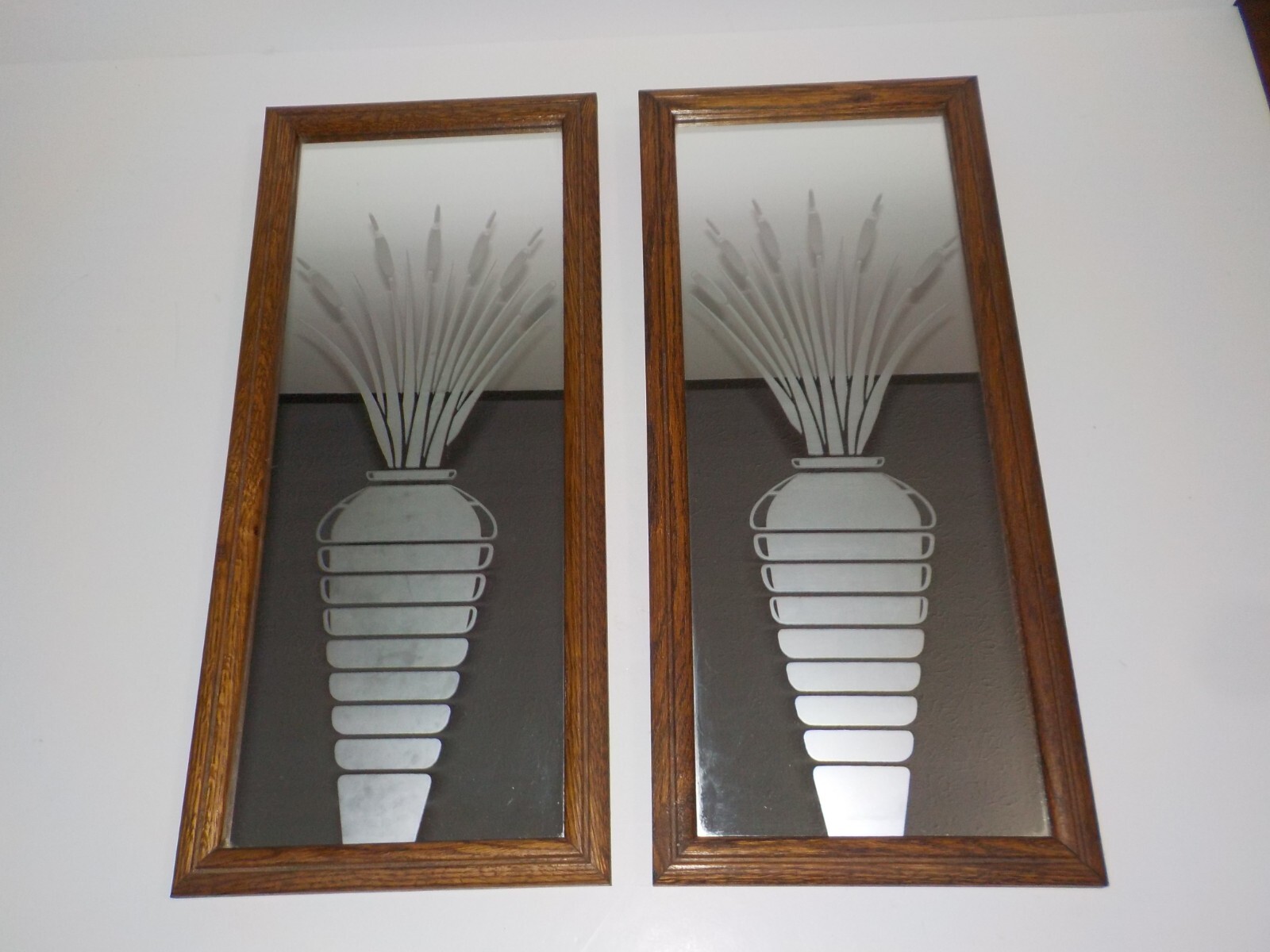 2 MCM Hollywood Regency Rectangle Wall Mirror Etched CATTAILS VASE Vintage