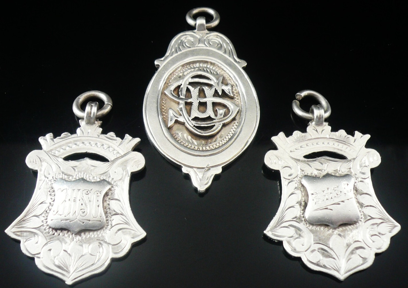 3 Sterling Silver Pocket Watch Fob Medals, Boldmere Snooker & Billiards 1920’s