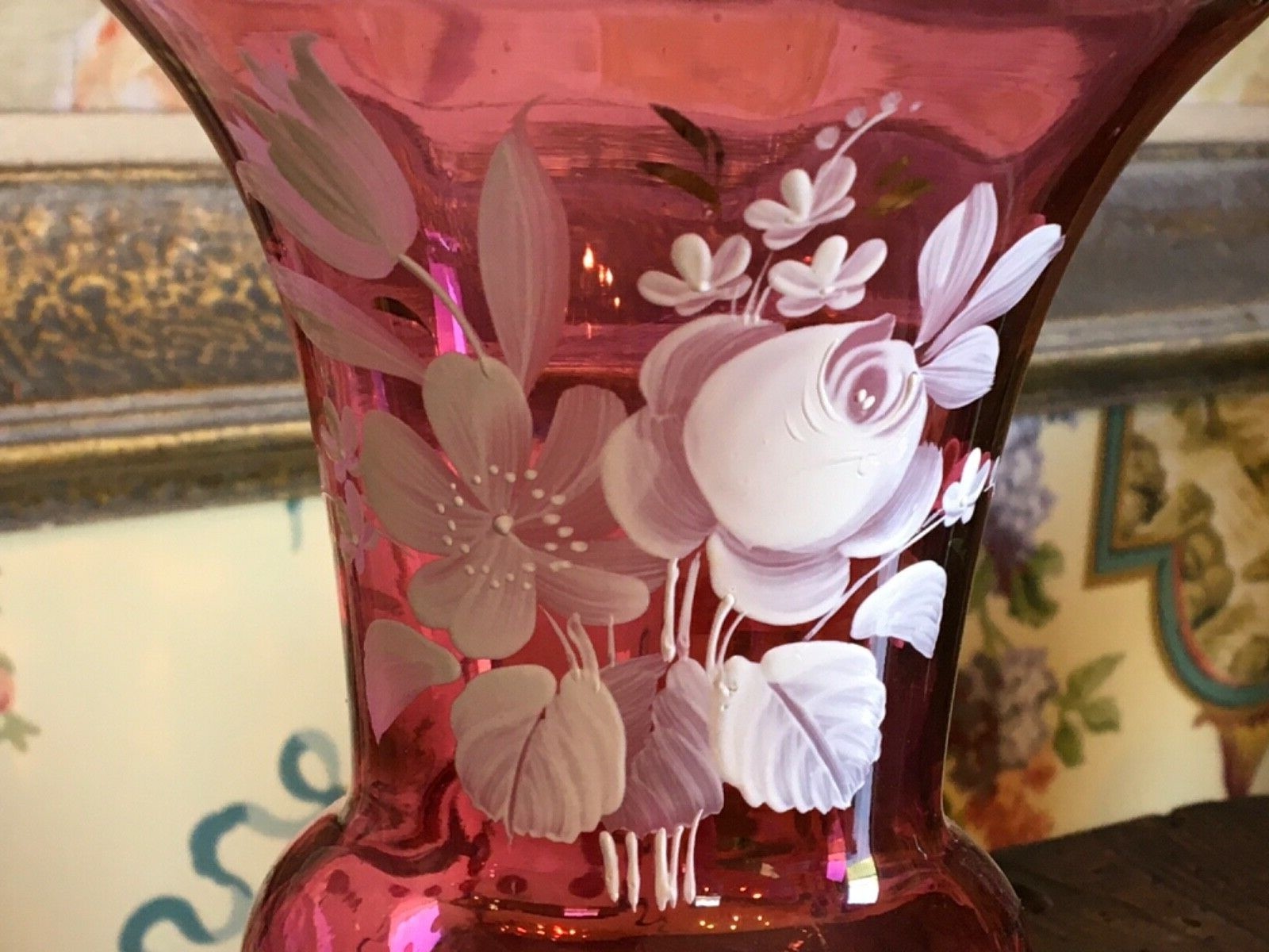 Lovely Cranberry Glass Vase with Bouquet of Flowers Painted on Front w Gold Trim