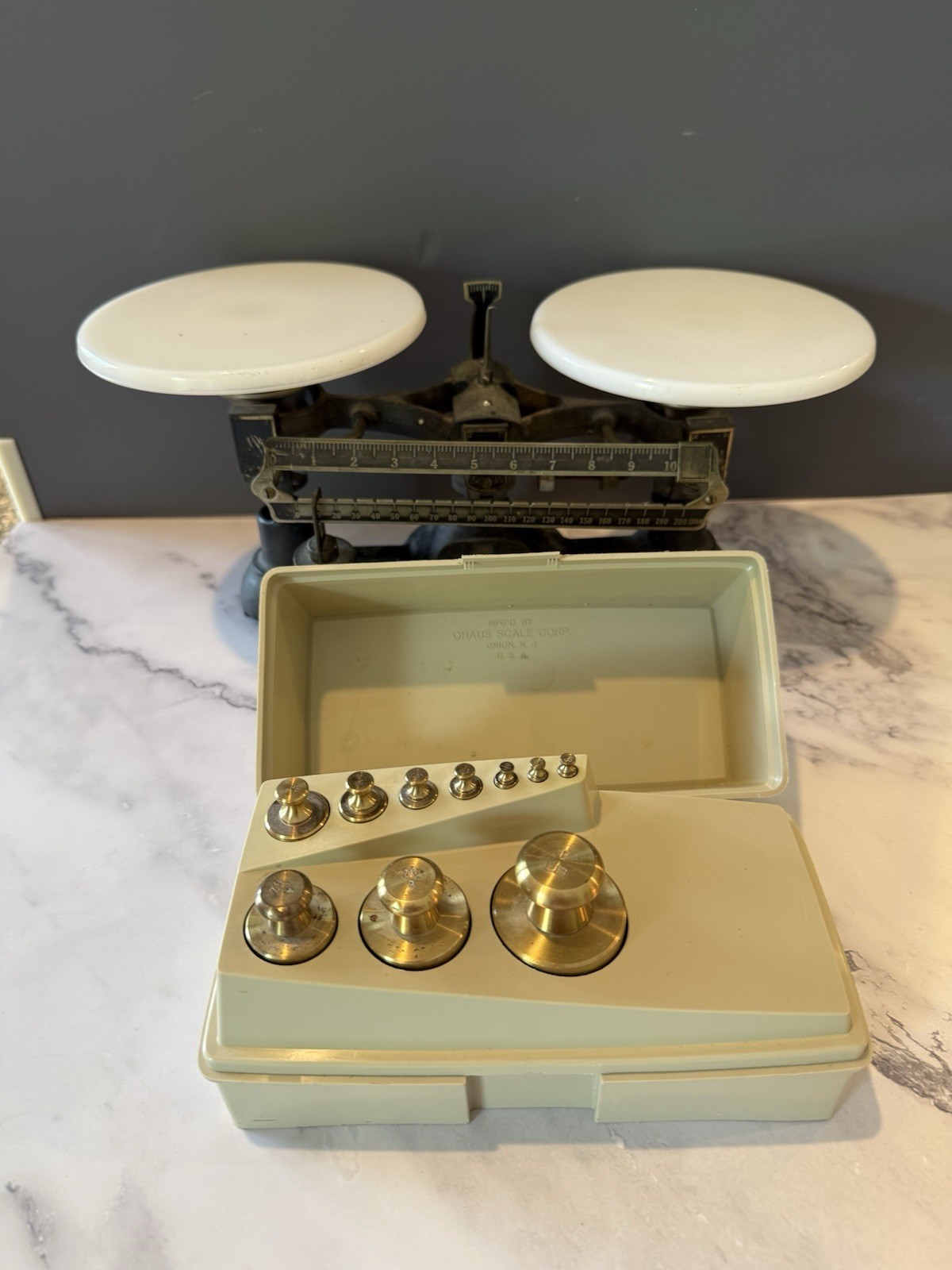 Rare Antique Ohaus Cast Iron Balance Scale w/ Milk Glass Pans & Brass Weights