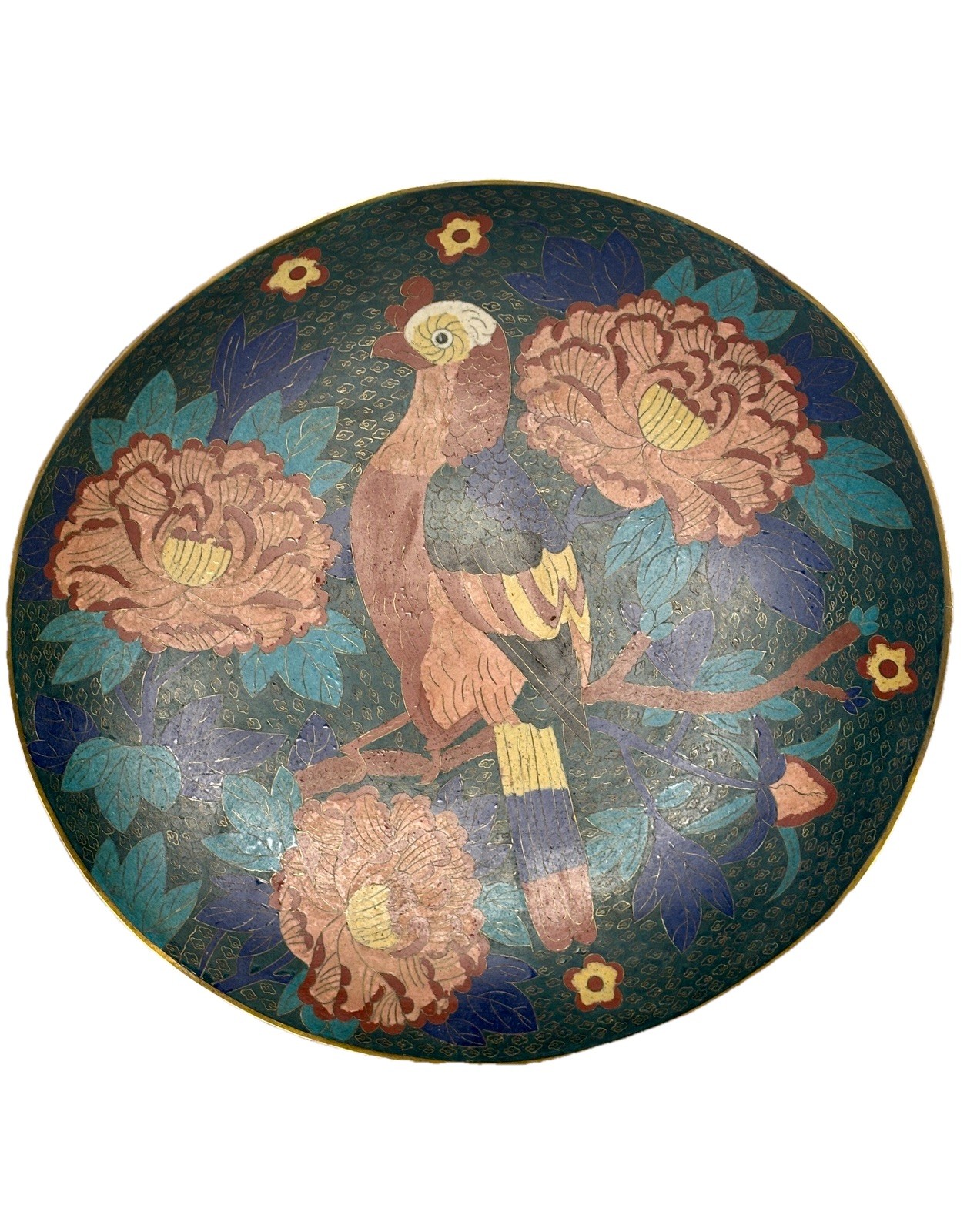 Antique Japanese Cloisonne Charger Plate 14.5″ Edo Meiji Period Bird Peony