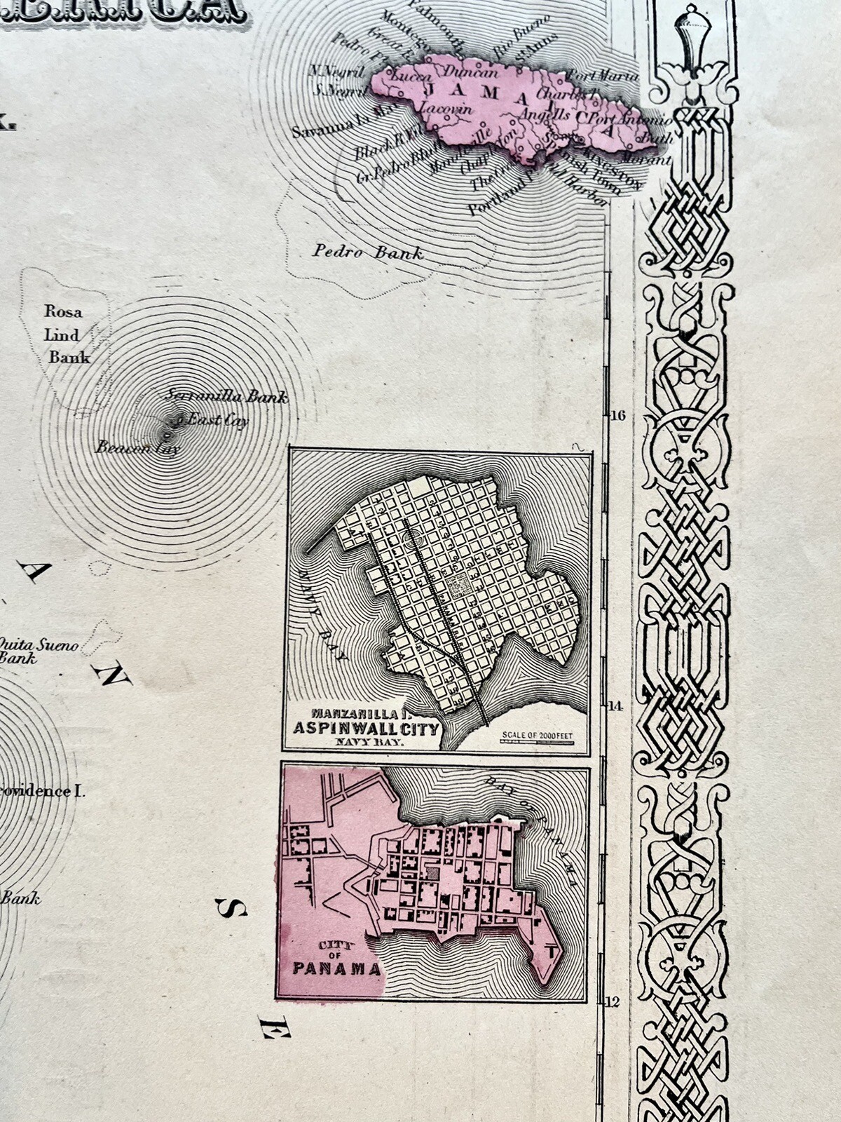 Large 1863 AJ JOHNSON Hand-Colored map of MEXICO Central America COSTA RICA