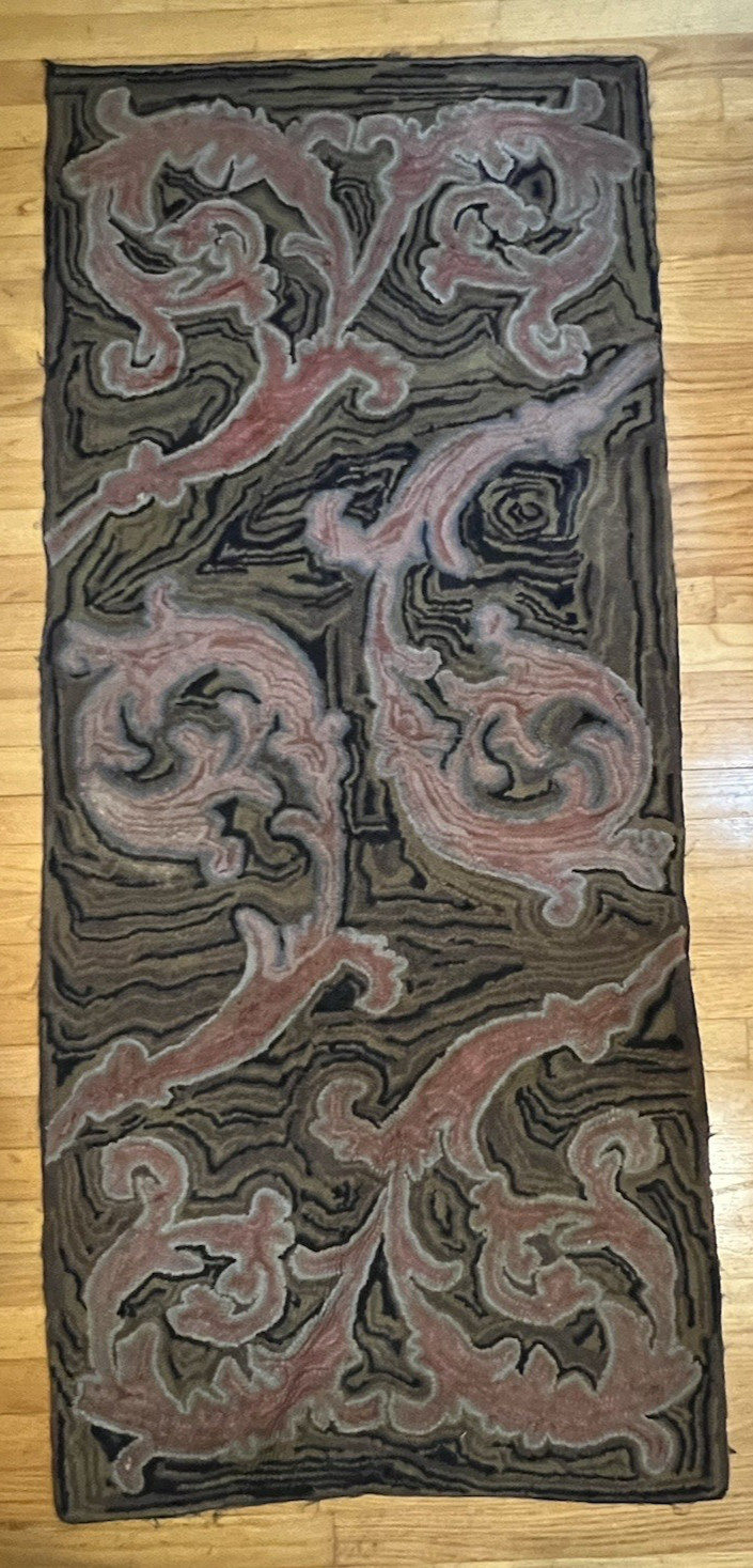 Early Dramatic Antique Handmade Paisley Design Hooked Rug 66″ x 29″