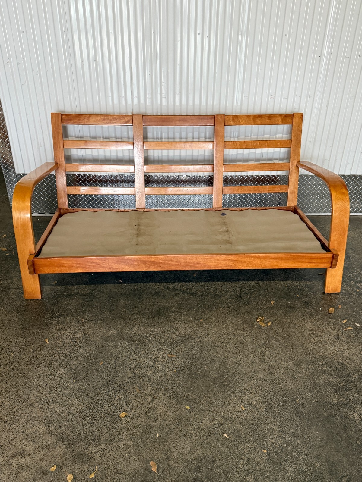 1930s Machine Age Russell Wright Figured Tiger Maple Three Seater Sofa