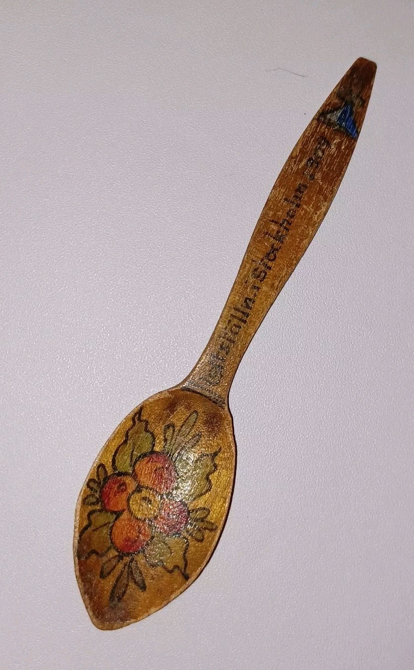 Antique Swedish Wooden Spoon Utstallning Stockholm Exhibition 1909 Hand Painted