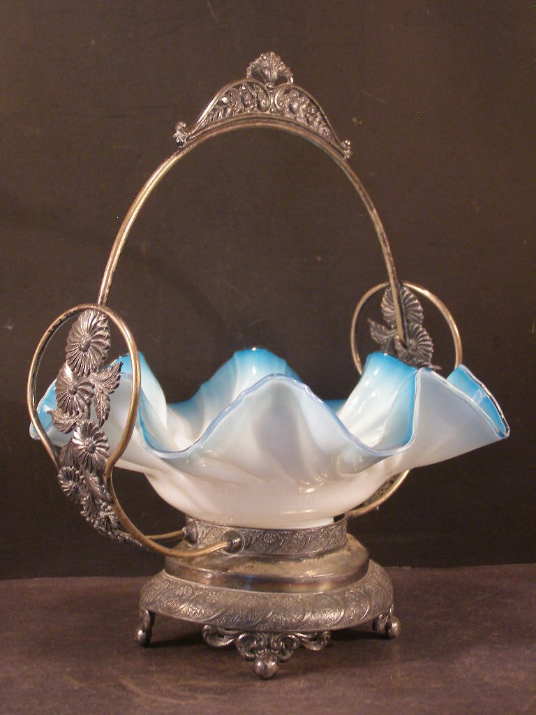 19 c Victorian Silver Sunflower Cased Glass Bowl Centerpiece Fruit Bride Basket~