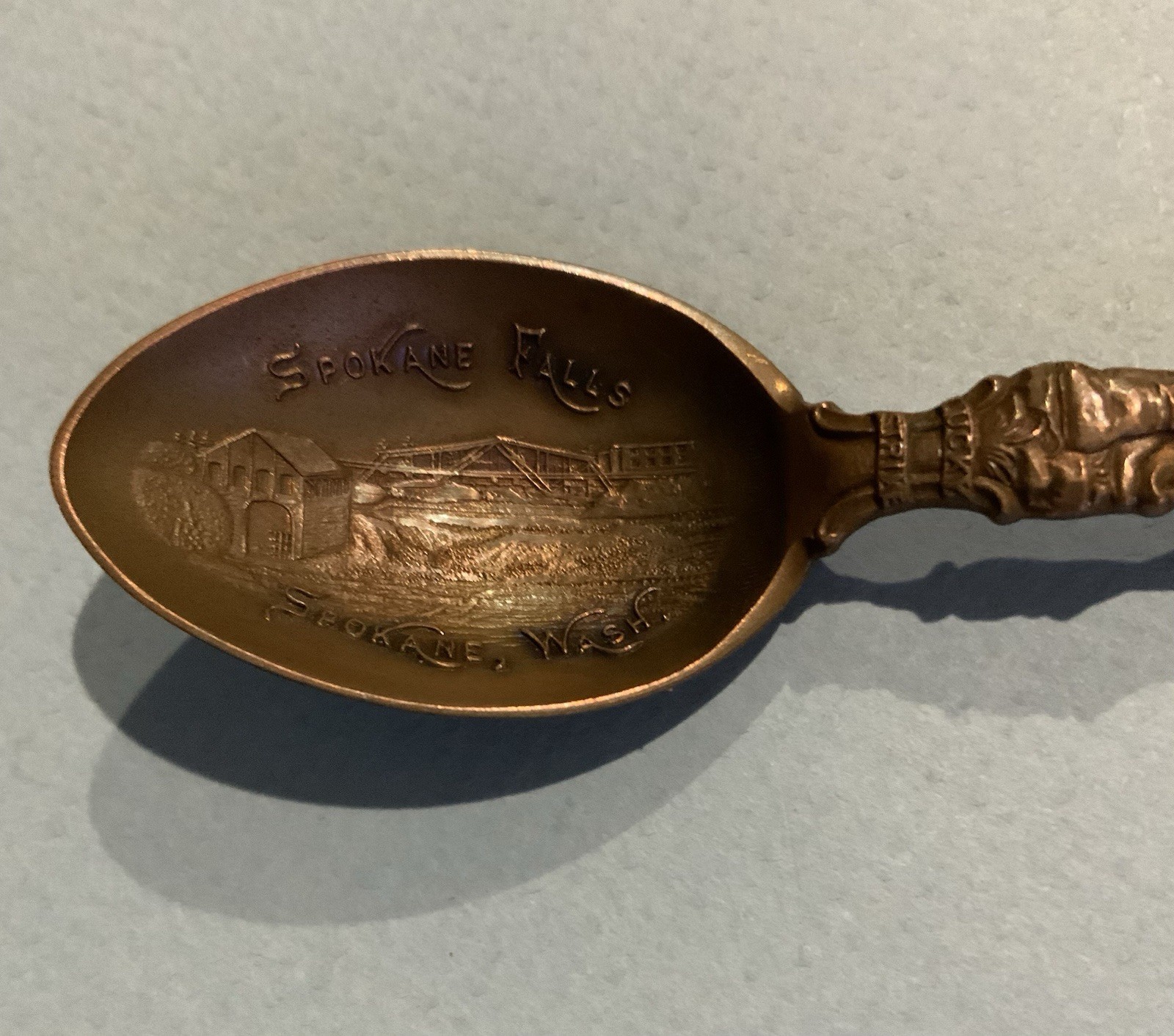 Spokane Falls Spokane Washington souvenir spoon – Gold miner Lucky Strike copper