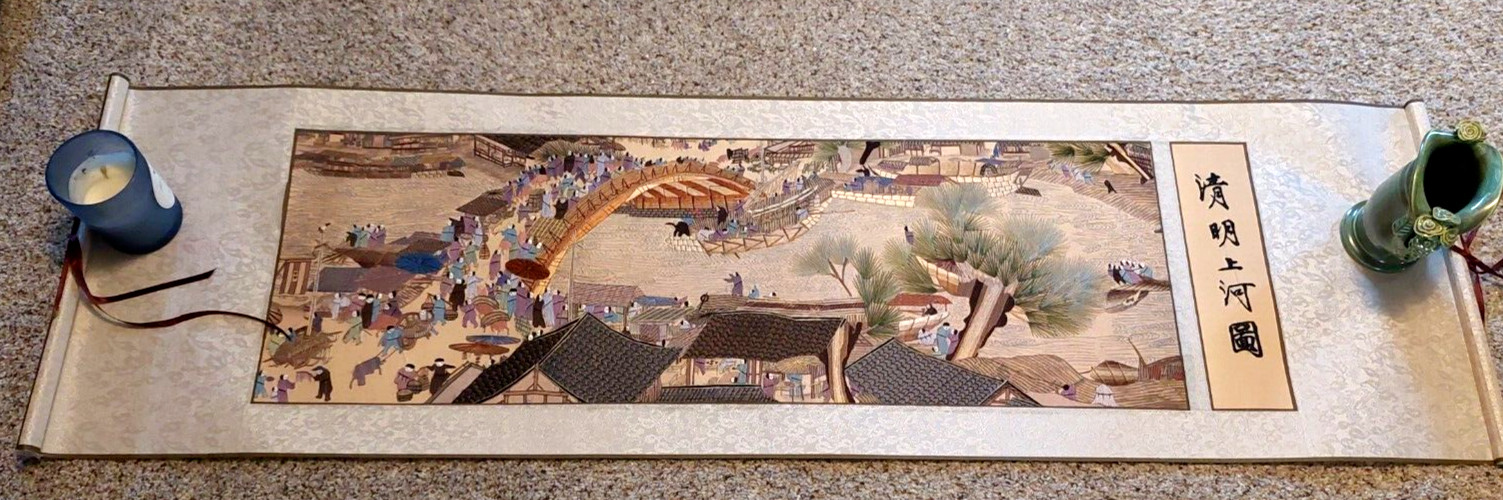 Embroidered Silk Chinese Scroll Along the River During Qingming Festival 54″