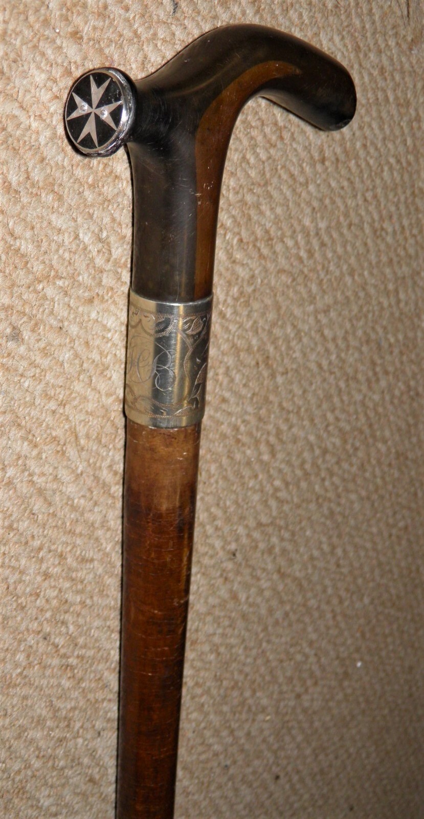 Antique Maltese Cross Coin W/ Silver Collar Leather Washer Walking Stick/Cane