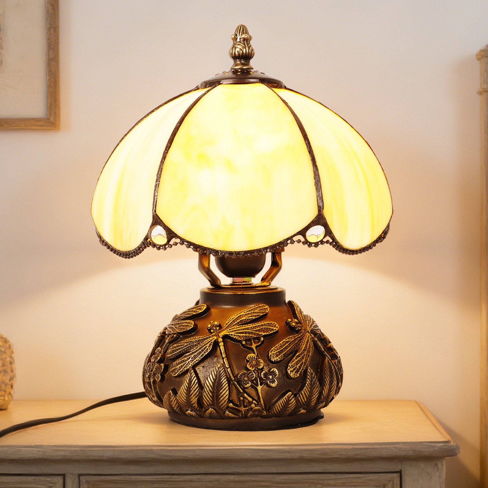 9in Simple Beige Chubby Desk Lamp,Dragonfly Stamen Antique Bronze Base,Desk Lamp