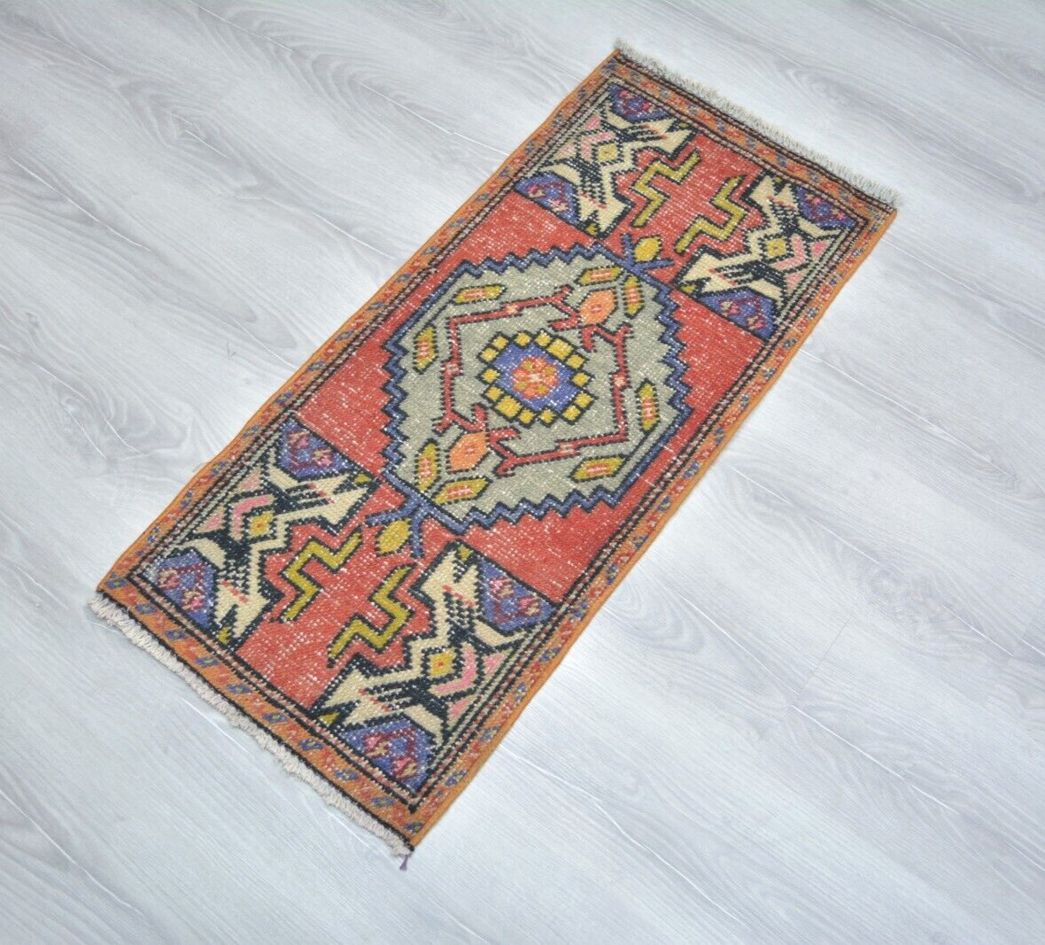 Red Handmade Door Mat, Geometric Door Mat, 1.5×3.2ft, Red Turkish Small Rug,